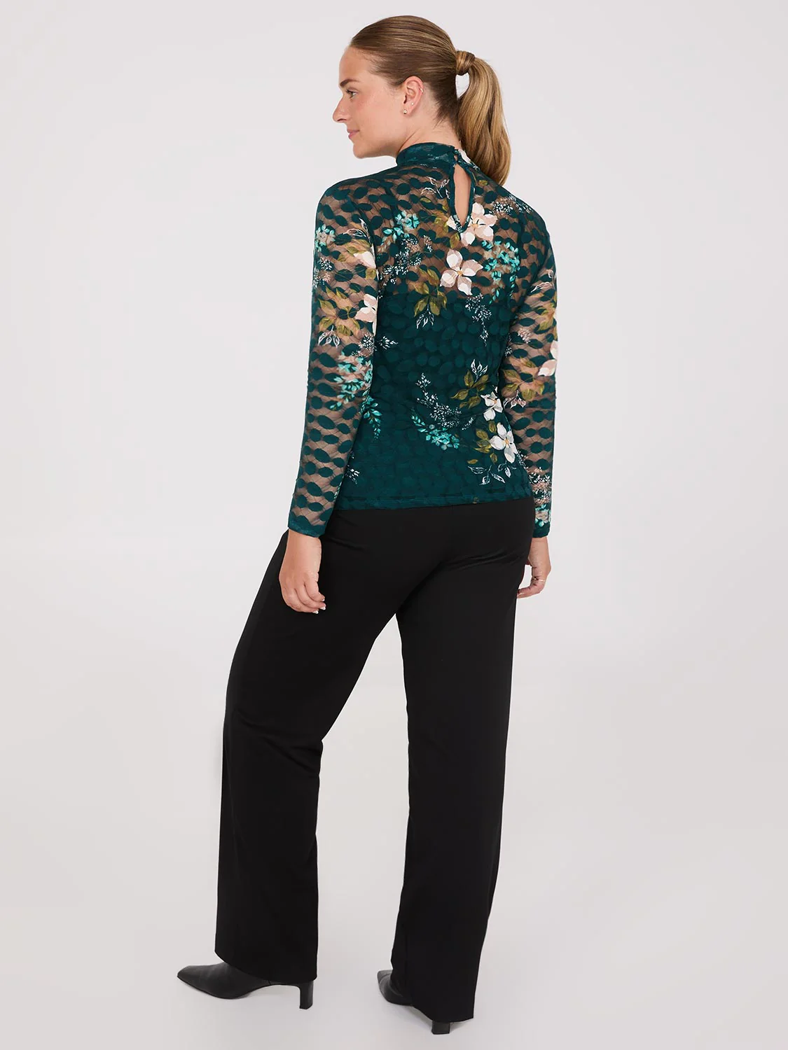 Lace Floral Print Mock Neck Top - Image 6