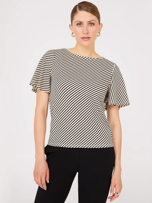 Striped Flutter Sleeve Boat Neck Top - Image 3