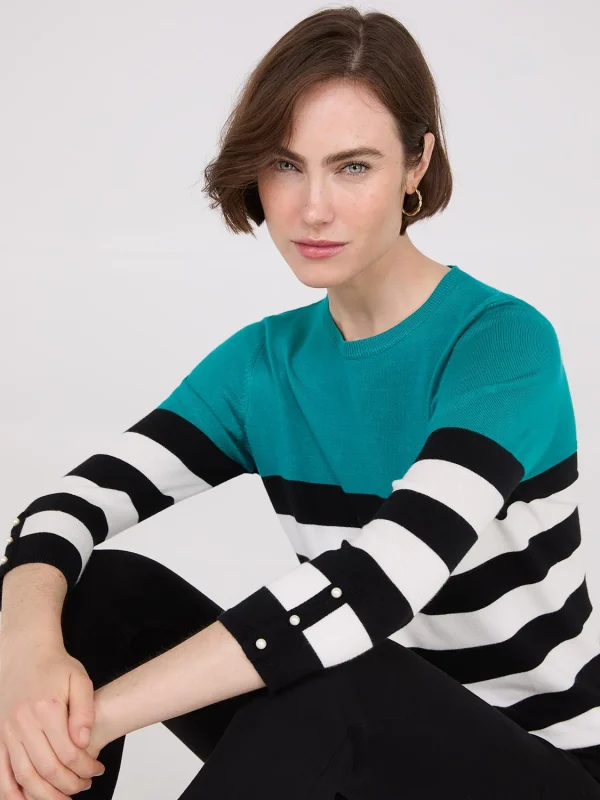 Striped Round Neck Sweater With Button Details - Image 2