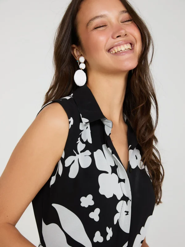 Sleeveless Floral Print Button-Front Midi Dress - Image 3