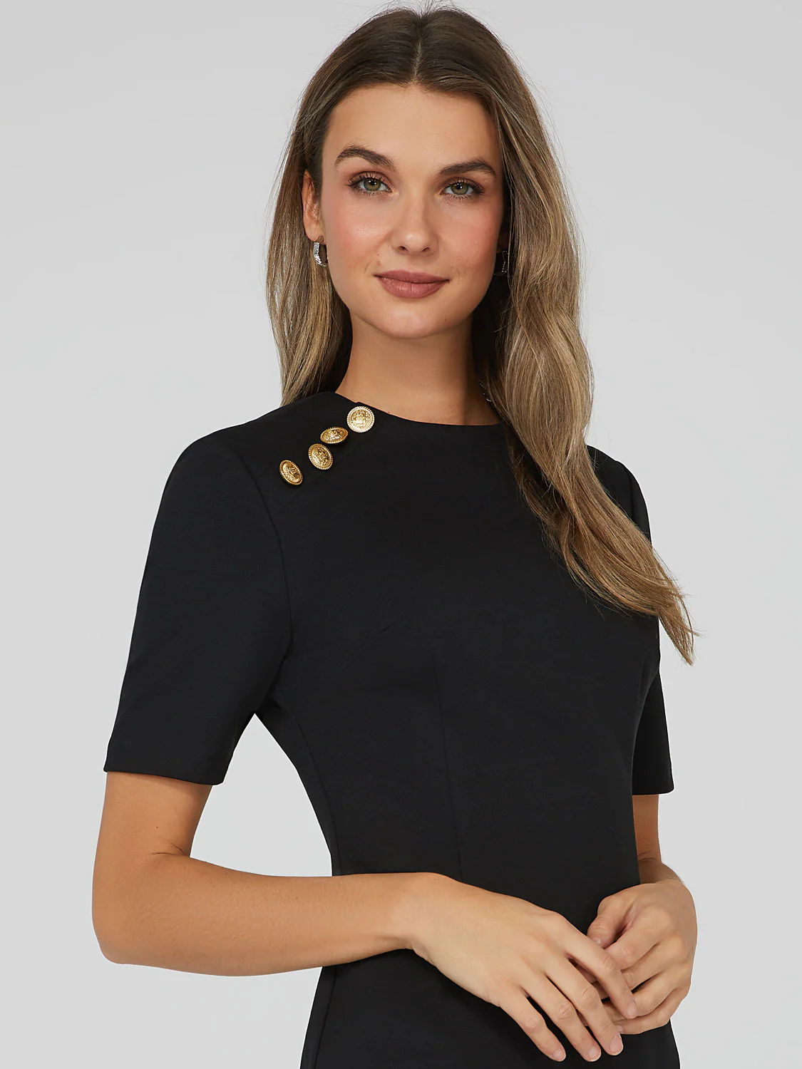 Knee Length Sheath Dress With Gold Buttons - Image 3