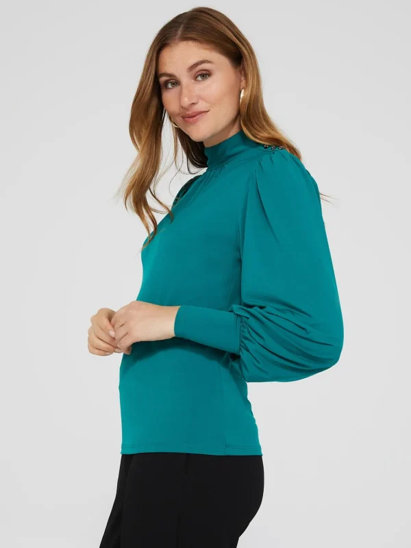 Balloon Sleeve Mock Neck Top With Rhinestone Detail - Image 4