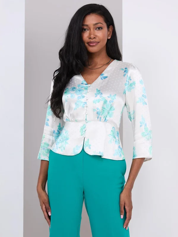 Floral Print Satin Button-Front Peplum Blouse - Image 3