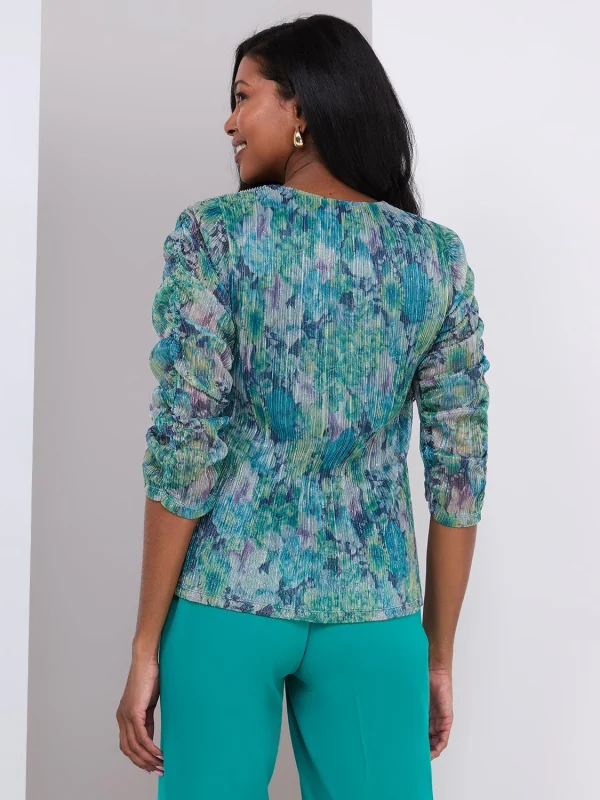 Floral Print Crinkle Mesh V-Neck Top - Image 5