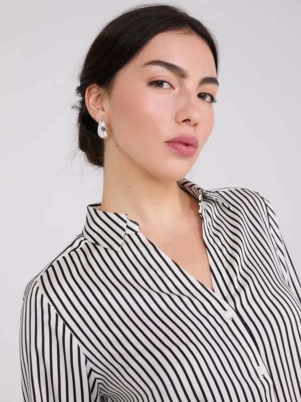 Striped Satin Notch Collar Blouse - Image 2