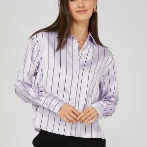 Waisted Striped Satin Button-Front Blouse
