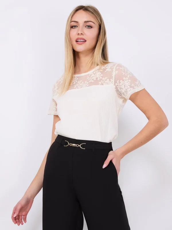 Floral Embroidered Mesh Short Sleeve Top