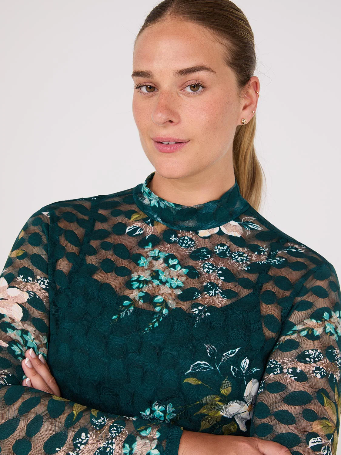 Lace Floral Print Mock Neck Top - Image 4
