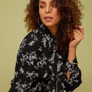 Printed Jewel Button Tie Neck Blouse
