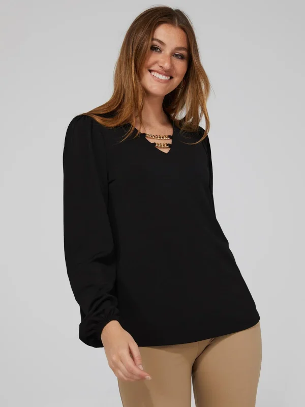 Textured Crepe Long Sleeve Top With Metal Chain Detail - Image 3