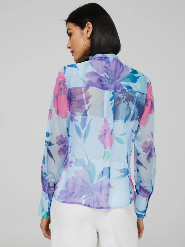 Floral Print Chiffon Blouse With Neck Tie - Image 4