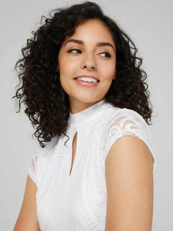 Keyhole Mock Neck Top With Lace Detail - Image 2