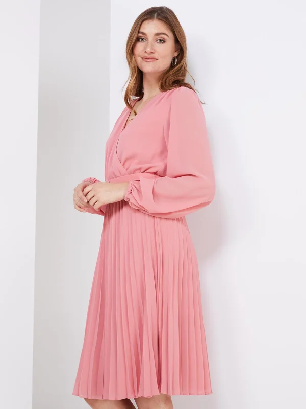 Crossover Belted Midi Dress With Pleated Skirt - Image 4