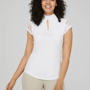 Keyhole Mock Neck Top With Lace Detail