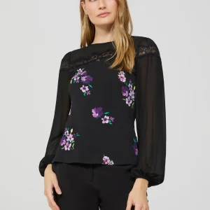 Long Balloon Sleeve Ditsy Floral Crew Neck Top