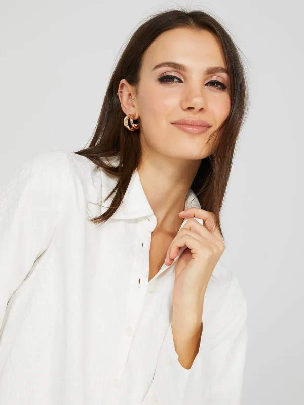 Jacquard Button-Front Blouse With Wide Sleeves - Image 2