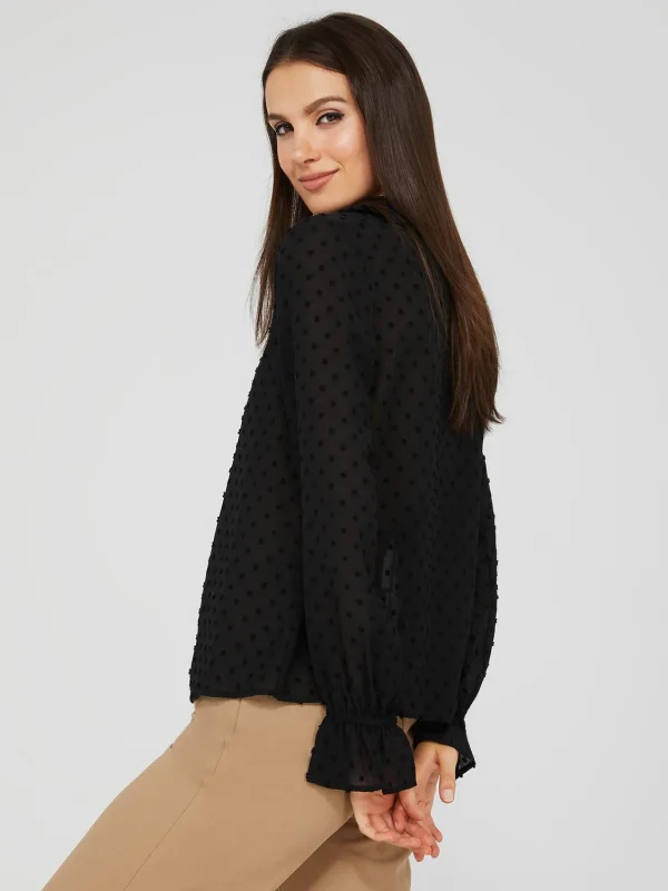 Textured Button-Front Ruffle Collar Blouse - Image 4