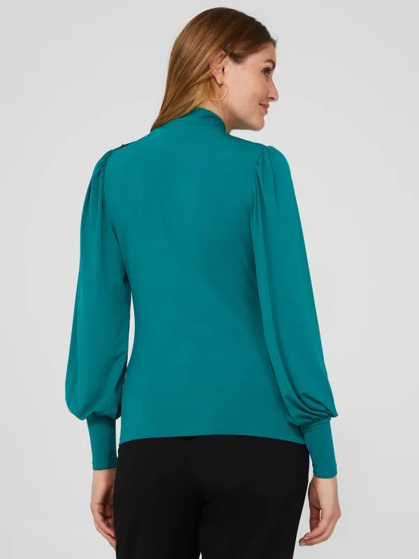 Balloon Sleeve Mock Neck Top With Rhinestone Detail - Image 5