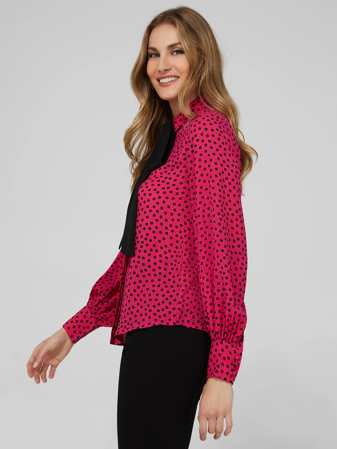 Polka Dot Crepe Chiffon Bow Blouse - Image 3