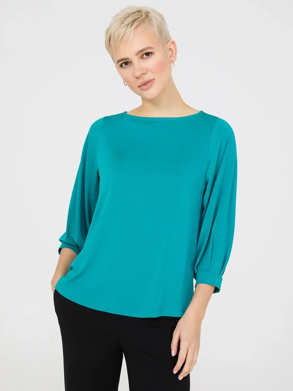 3/4 Pleated Sleeve Boat Neck Top - Image 5