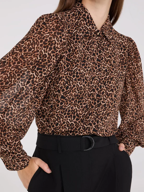 Animal Print Chiffon Volume Sleeve Blouse - Image 4