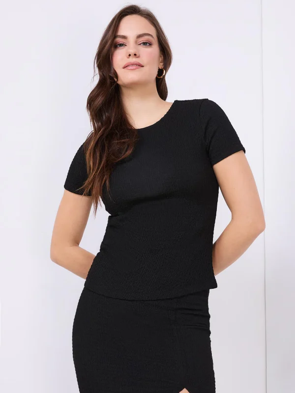 Textured Crew Neck Top With Pleat Details - Image 3