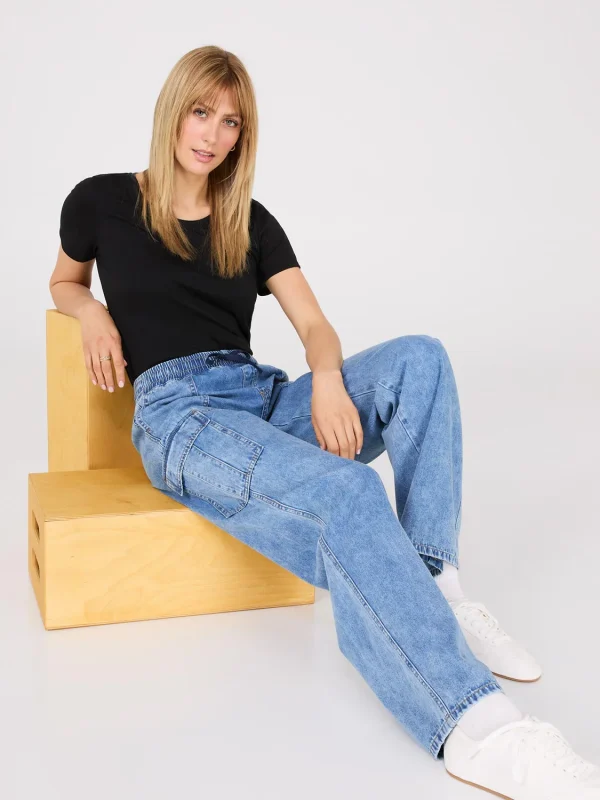 Long Length Wide-Leg Denim Cargo Pants - Image 3