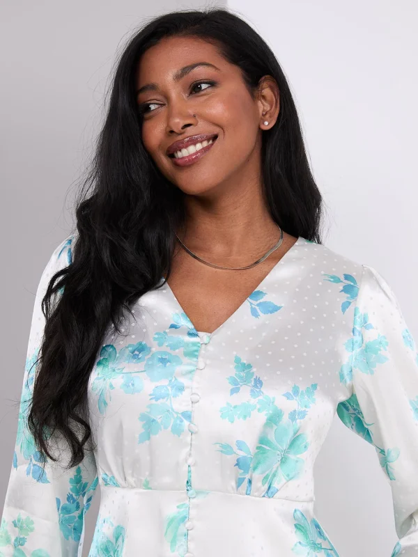 Floral Print Satin Button-Front Peplum Blouse - Image 2