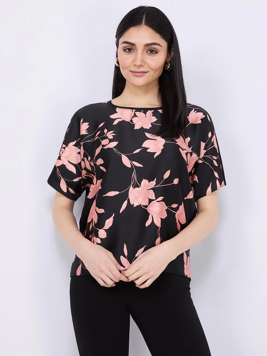 Floral Print Satin Front Dolman Sleeve T-Shirt - Image 3