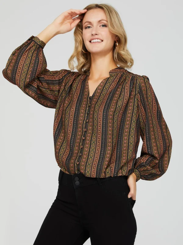 Ribbon Print Button-Front Blouse - Image 2