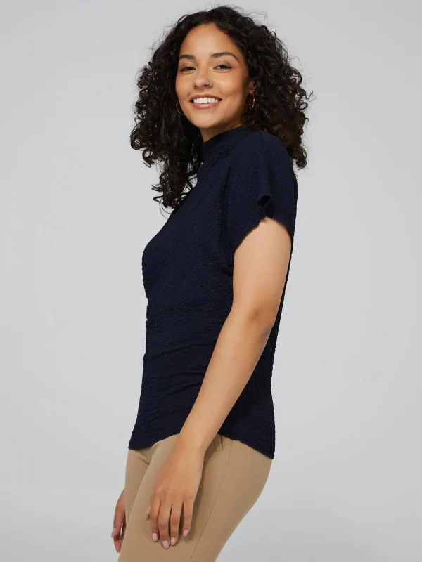 Textured Funnel Neck Short Sleeve Top - Image 3