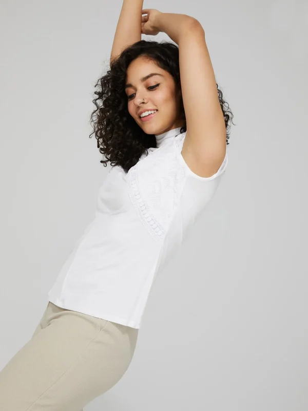 Keyhole Mock Neck Top With Lace Detail - Image 3