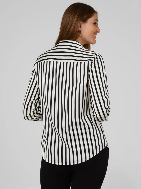 Striped Satin Split Neck Button-Front Blouse - Image 5