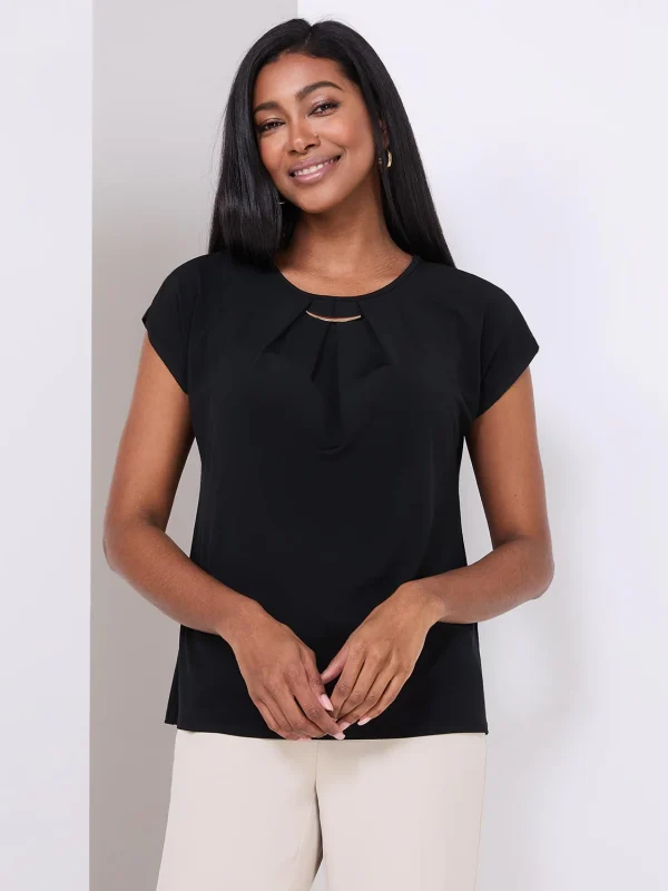 Pleated Short Sleeve Top With Metal Bar Detail - Image 3
