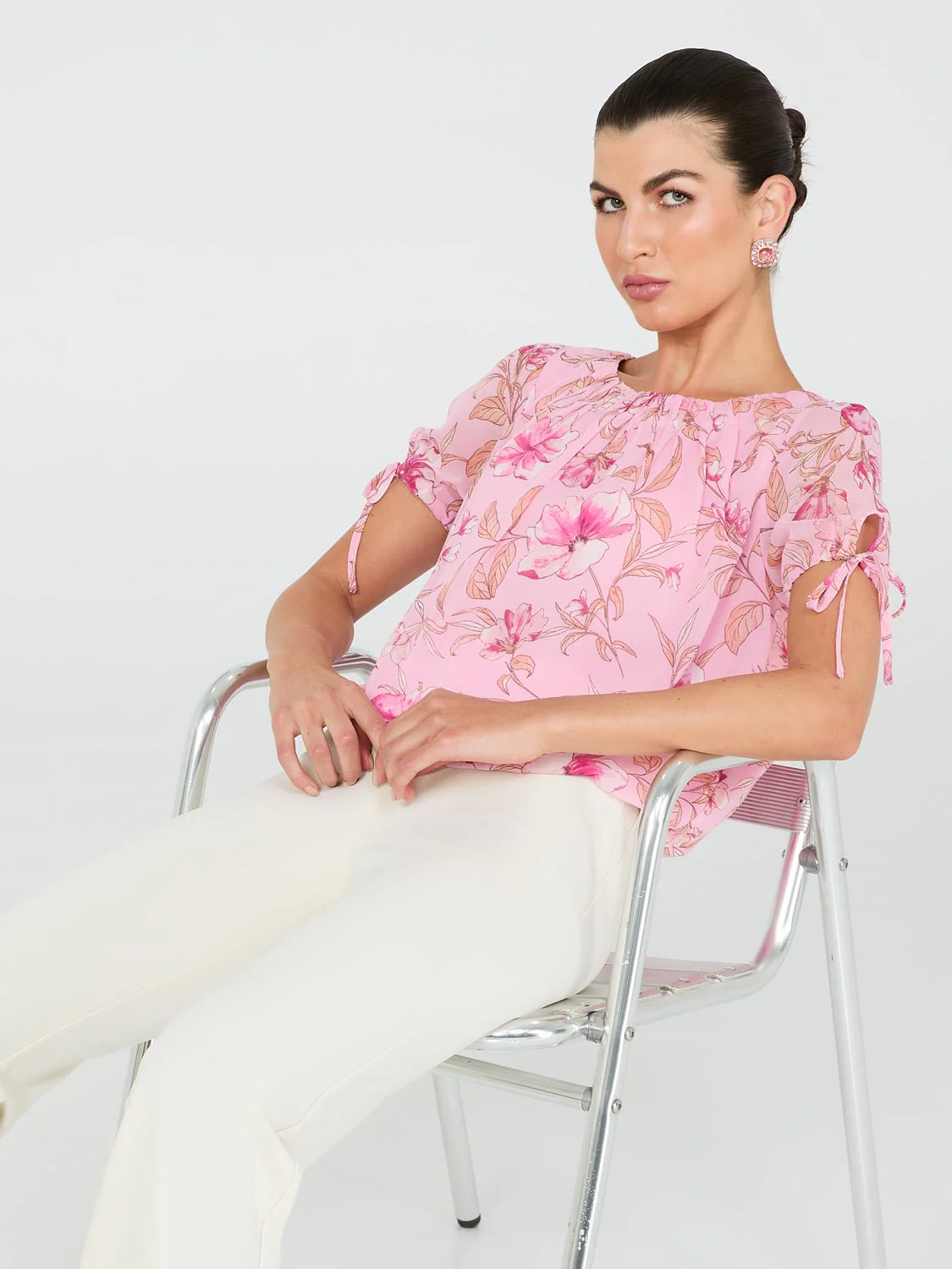 Floral Print Tie-Sleeve Top - Image 2