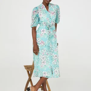 Floral Print Split Neck Dress With Balloon Sleeves
