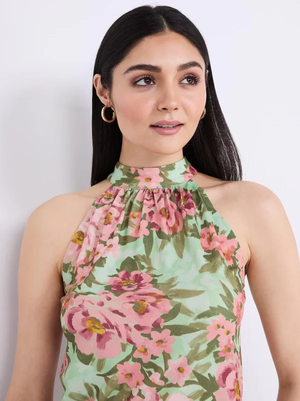 Sleeveless Floral Print Mock Neck Top - Image 2