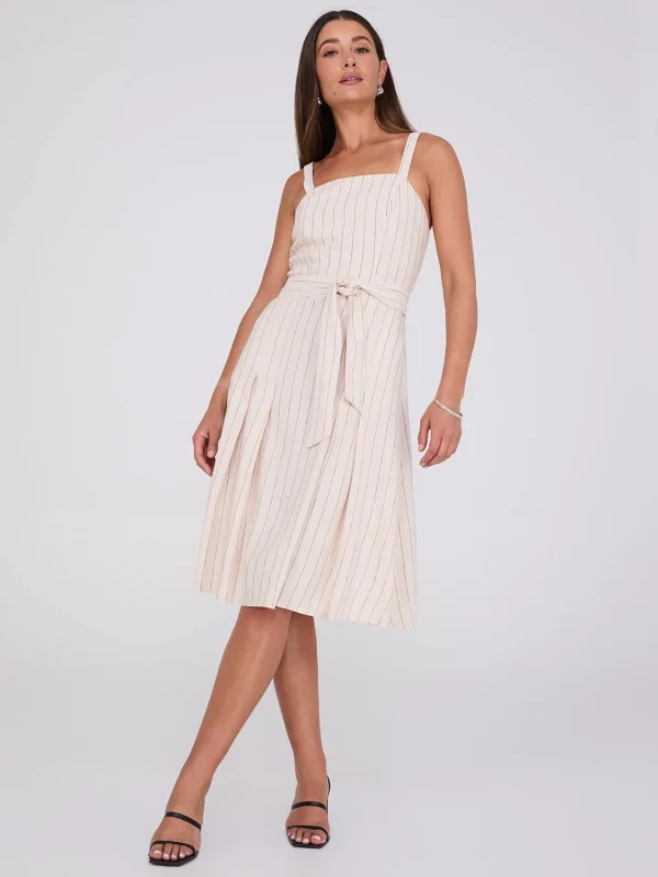 Striped Linen Knee Length Dress With Pockets
