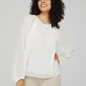 Plisse Chiffon Top With Pleated Balloon Sleeves