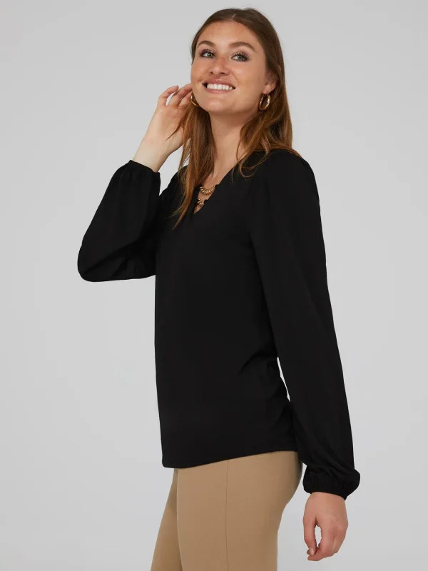 Textured Crepe Long Sleeve Top With Metal Chain Detail - Image 4