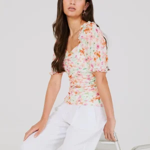 Printed Sweetheart Neckline Top With Puff Sleeves