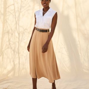 Belted A-Line Satin Skirt