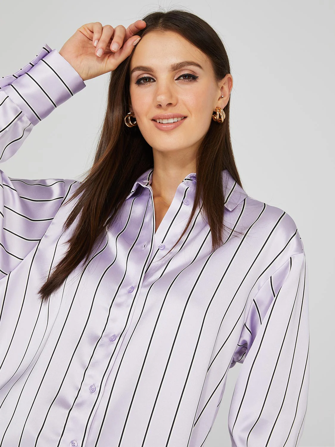 Waisted Striped Satin Button-Front Blouse - Image 2