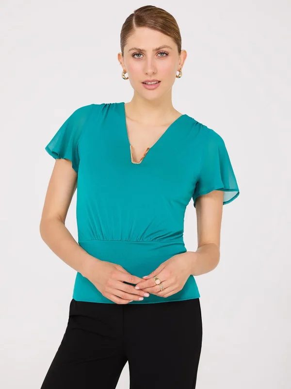 Chiffon Flutter Sleeve Top With Metal Detail - Image 7