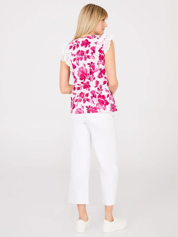 Watercolour Floral Print Top With Eyelet Ruffle Sleeves - Image 4