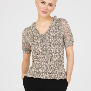 Printed Textured V-Neck Top With Smocked Bottom Band
