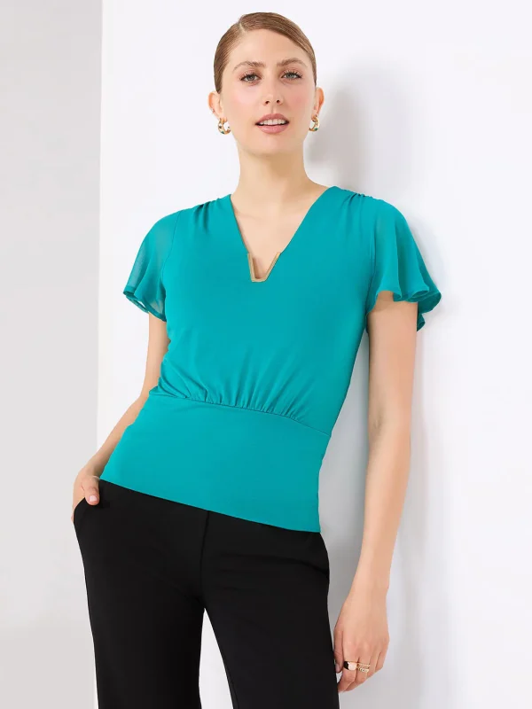 Chiffon Flutter Sleeve Top With Metal Detail - Image 5