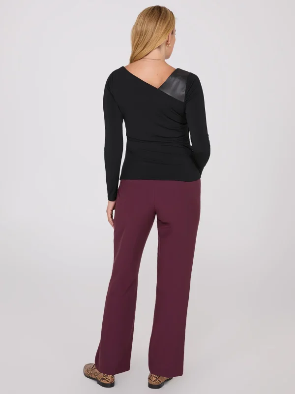 Asymmetrical Neckline Top With Faux Leather Detail - Image 4