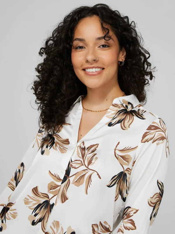 Floral Print Satin Split Neck Button-Front Blouse - Image 2