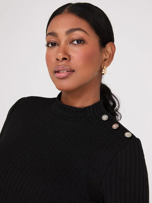 Ribbed Mock Neck Top With Button Details - Image 2